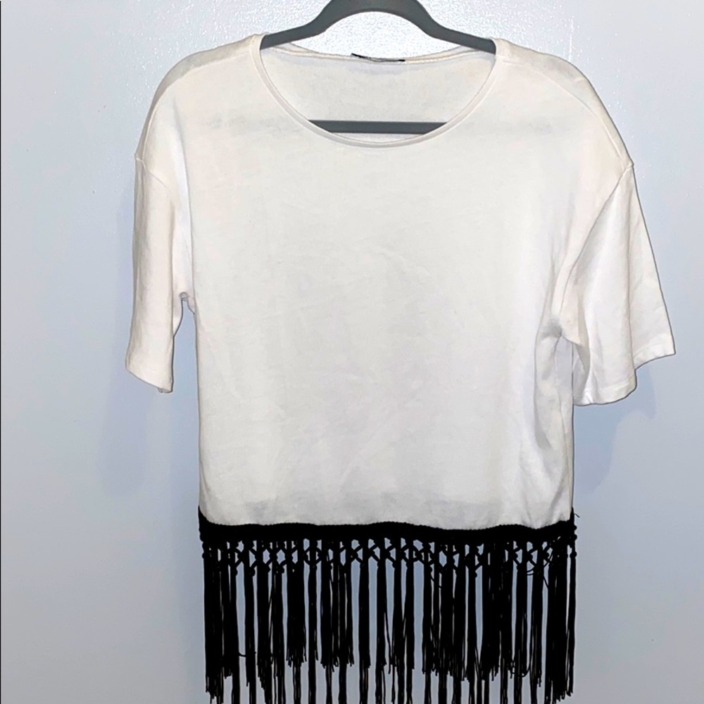 Zara White Tee with black fringe bottom